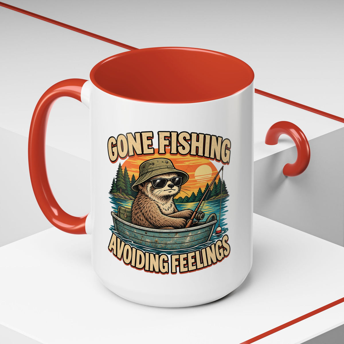 Funny And Witty "Gone Fishing Avoiding Feelings" Accent Coffee Mug (11, 15oz)