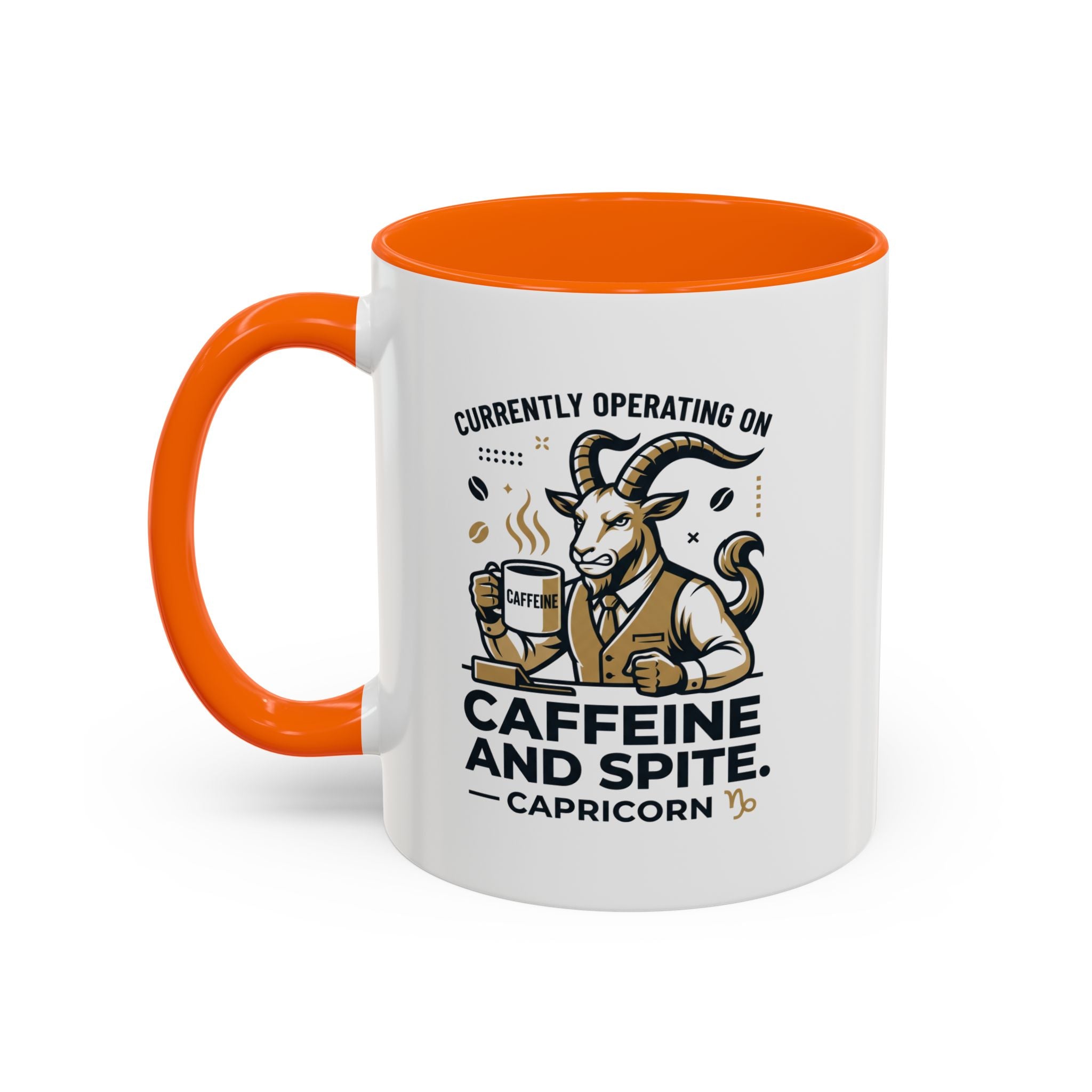 Capricorn Coffee Mug — “Currently Operating on Caffeine and Spite” Accent Mug (11/15oz)