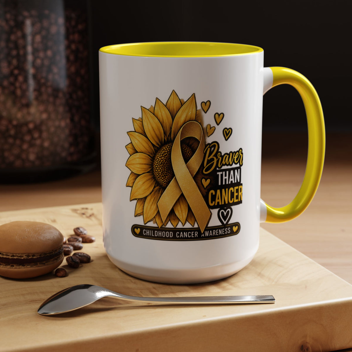 Childhood Cancer Awareness Mug — "Braver Than Cancer" Sunflower & Gold Ribbon