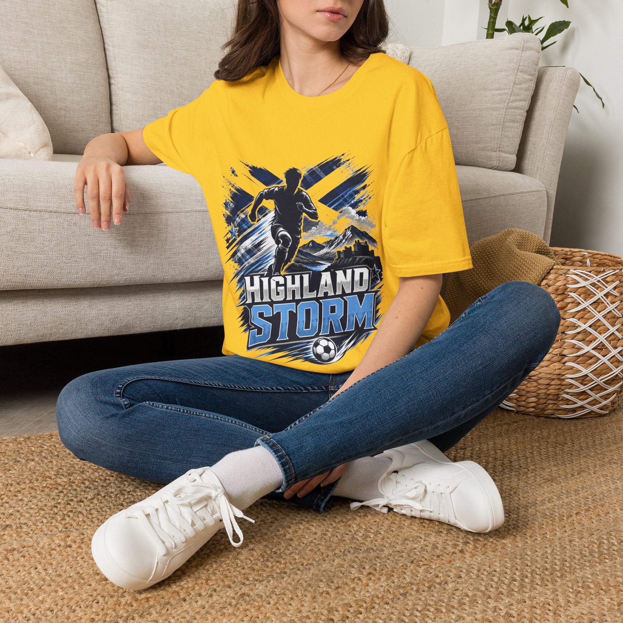 Scotland Highland Storm Soccer T-Shirt — Mountain Soccer Player Graphic Tee