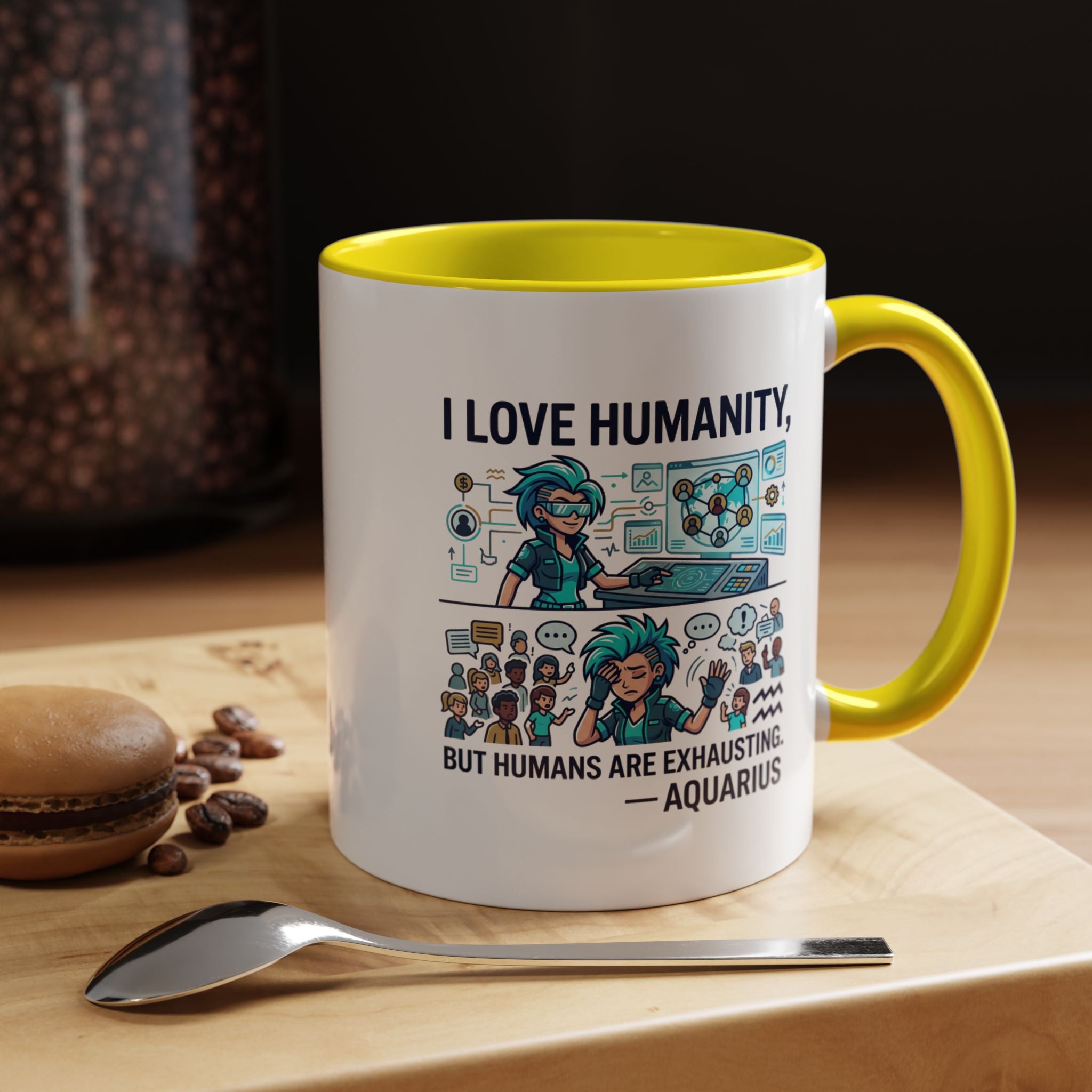 Aquarius Zodiac Coffee Mug — "I Love Humanity, But Humans Are Exhausting" Accent Mug