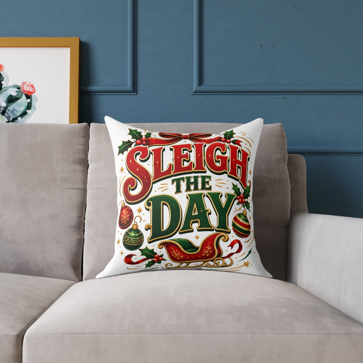 Christmas Pillow — "Sleigh the Day" Holiday Decorative Throw Pillow
