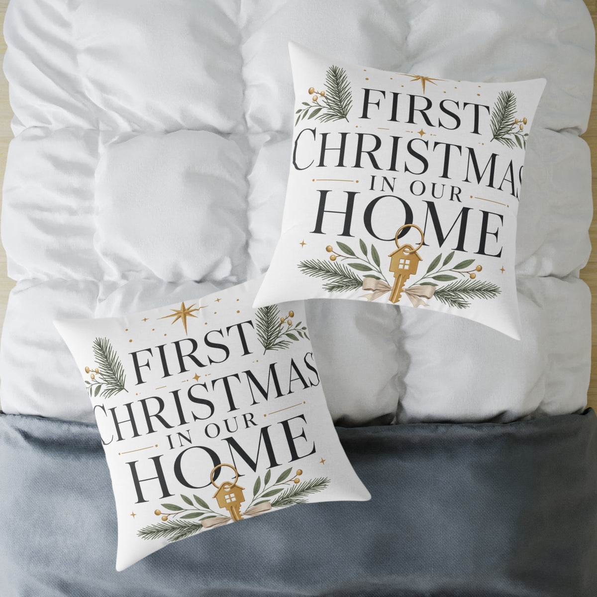 First Christmas In Our Home Square Pillow — Holiday Decorative Throw Pillow