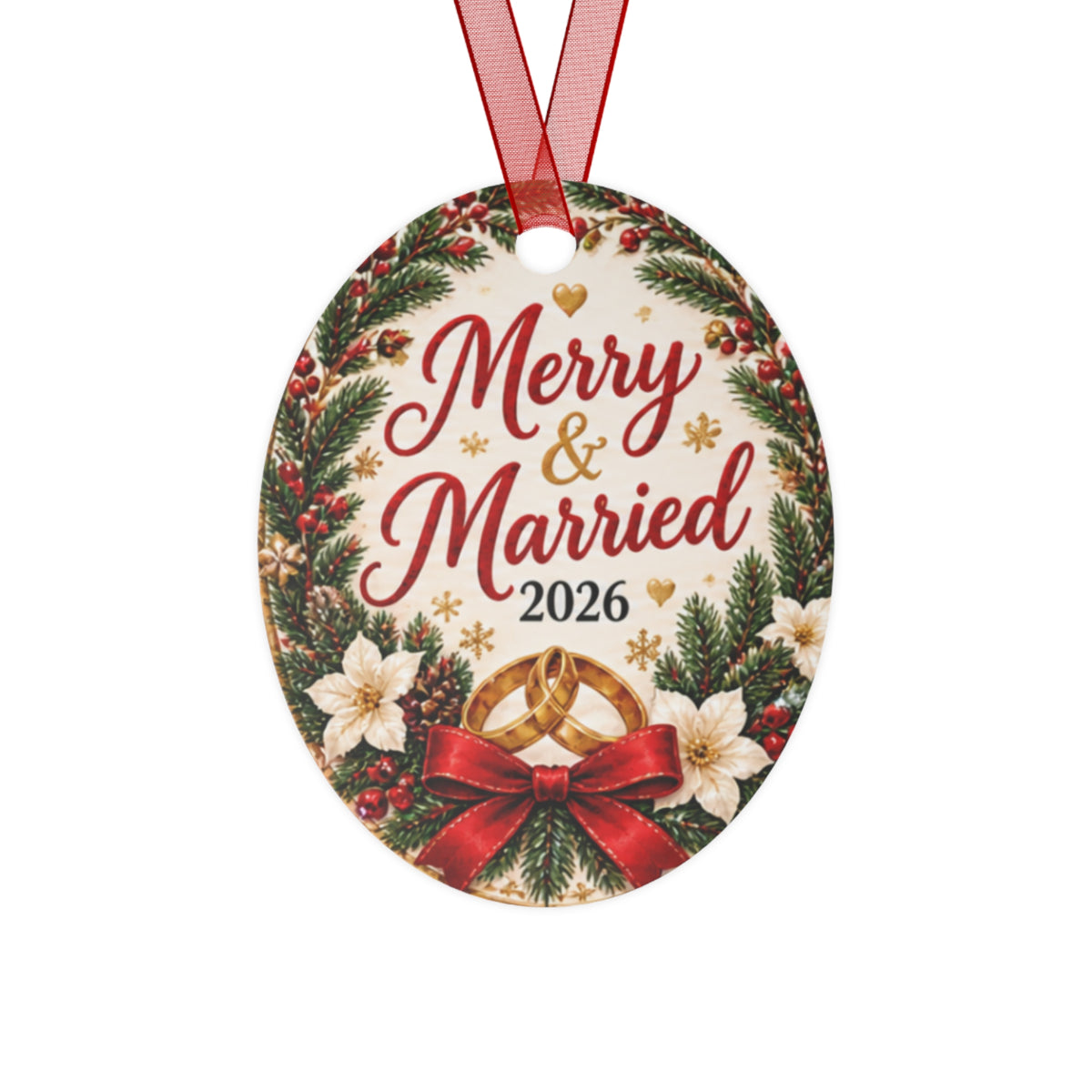 Merry & Married 2026 Metal Ornament — Christmas Wedding Keepsake