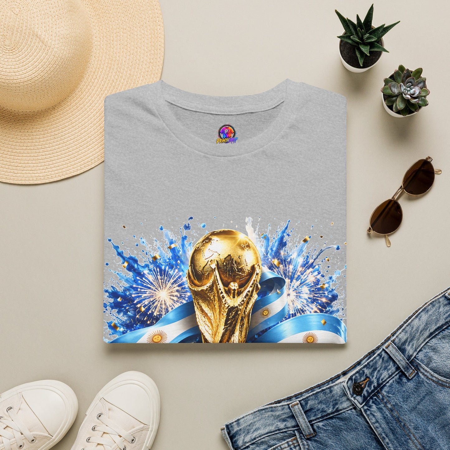 Argentina World Cup Champions T-Shirt — Gold Trophy Celebration Tee