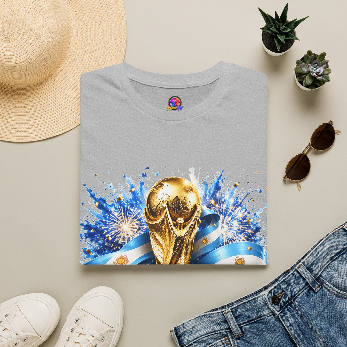 Argentina World Cup Champions T-Shirt — Gold Trophy Celebration Tee