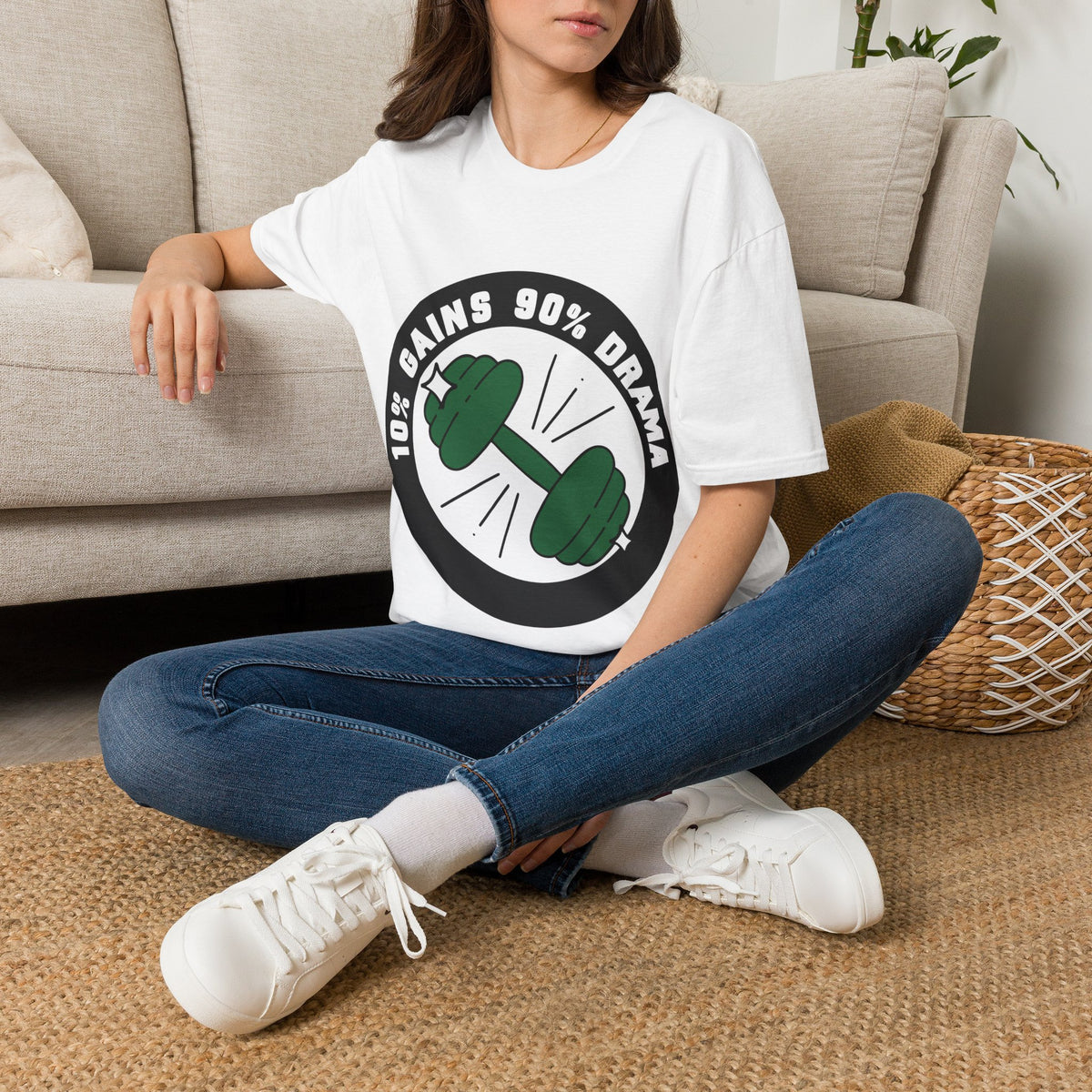 10% Gains 90% Drama Dumbbell T-Shirt - Funny Gym Circle Logo Graphic Tee - Trending Now - September 2026