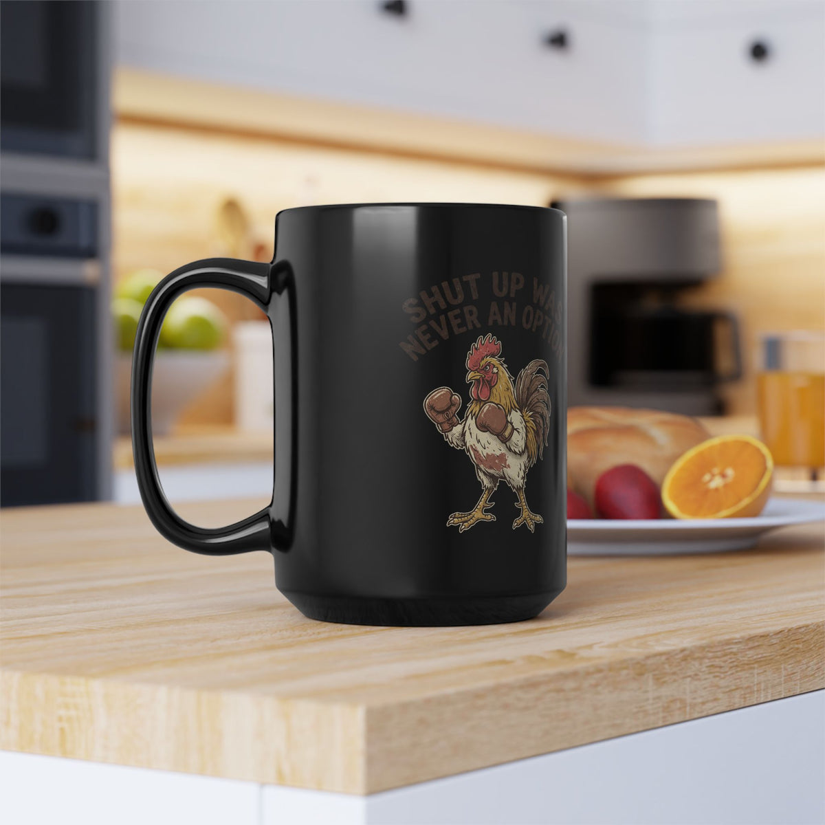 Rooster Boxing Mug — "Shut Up" Funny Farm Coffee Cup (11oz/15oz)