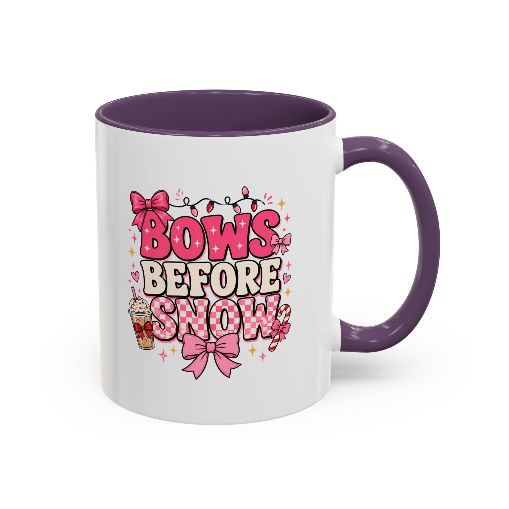 Modern Day Christmas Bows Before Snow Accent Coffee Mug — Cute Pink Holiday Hot Cocoa Design (11/15oz)