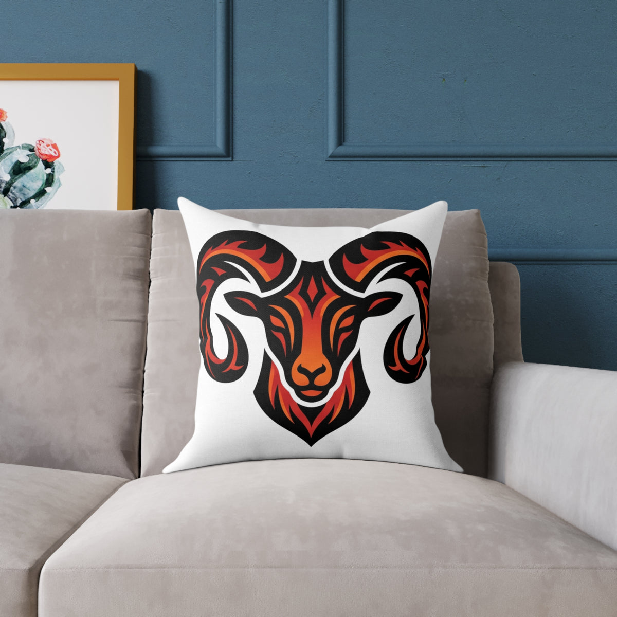 Aries Zodiac Ram Head Throw Pillow — Tribal Flame Goat Design Decorative Cushion