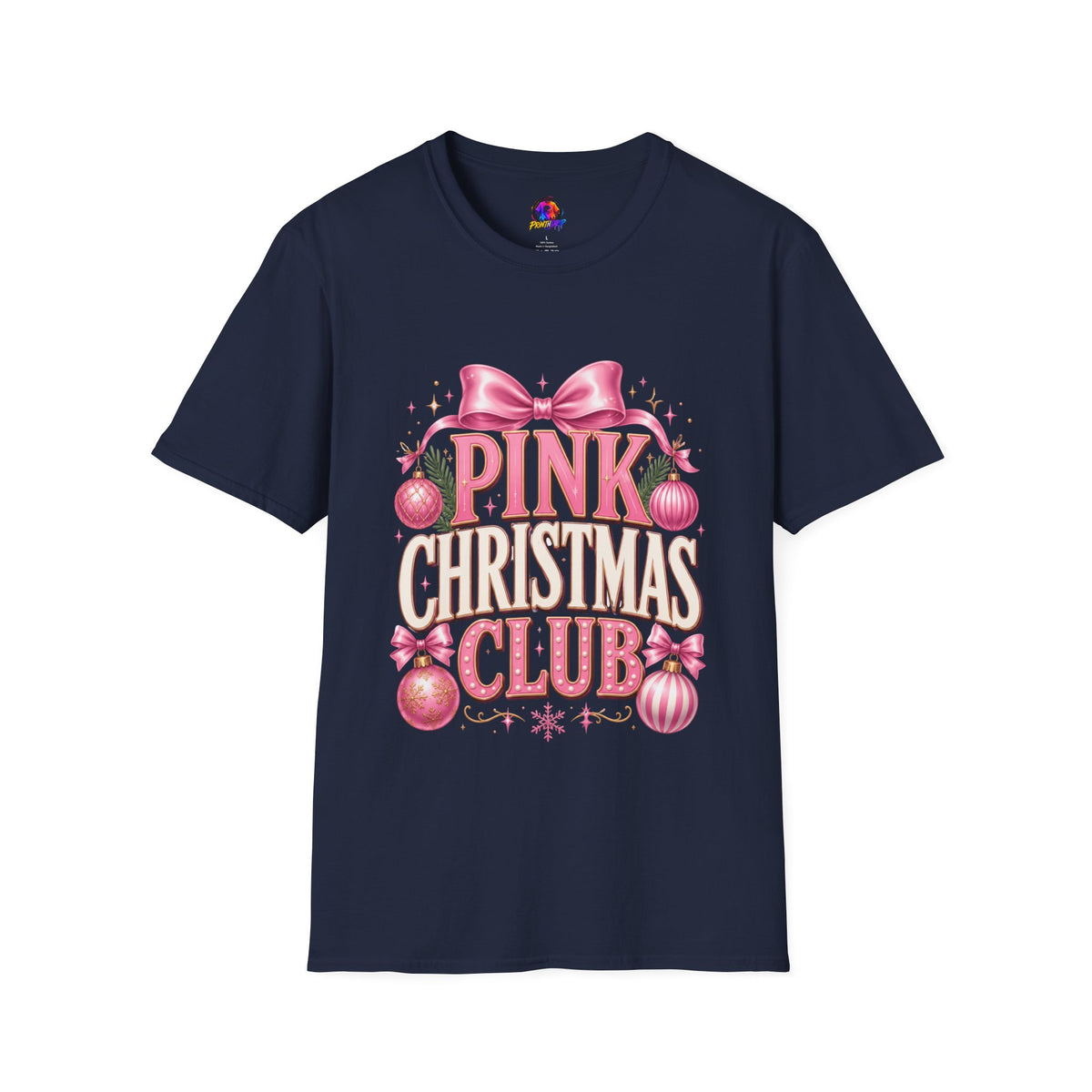 Pink Christmas Club T-Shirt — Womens Festive Holiday Tee with Bow & Ornaments