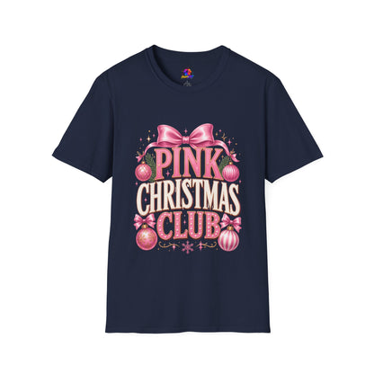 Pink Christmas Club T-Shirt — Womens Festive Holiday Tee with Bow & Ornaments
