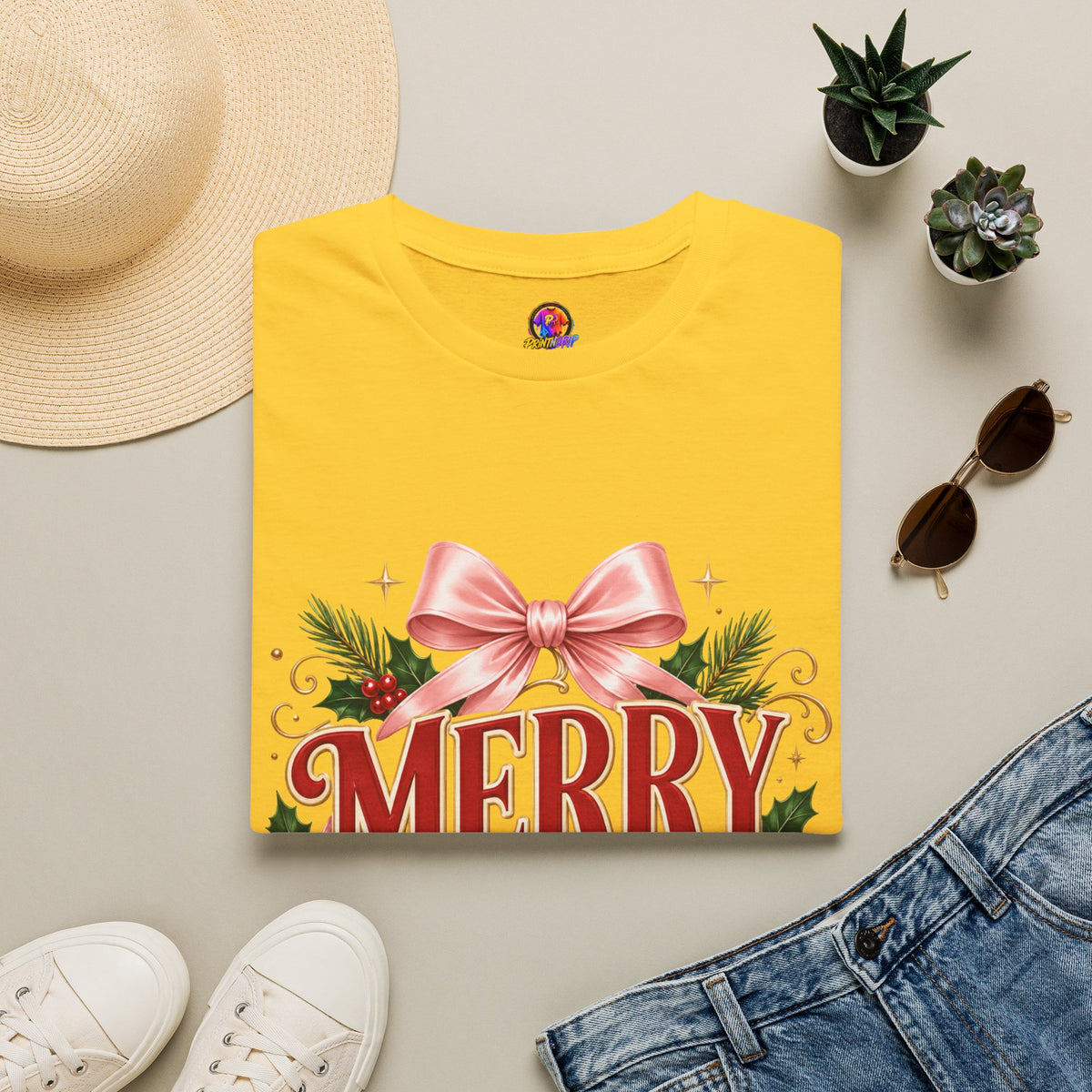 Merry Mama Christmas T-Shirt — Festive Bow & Holiday Greenery Tee