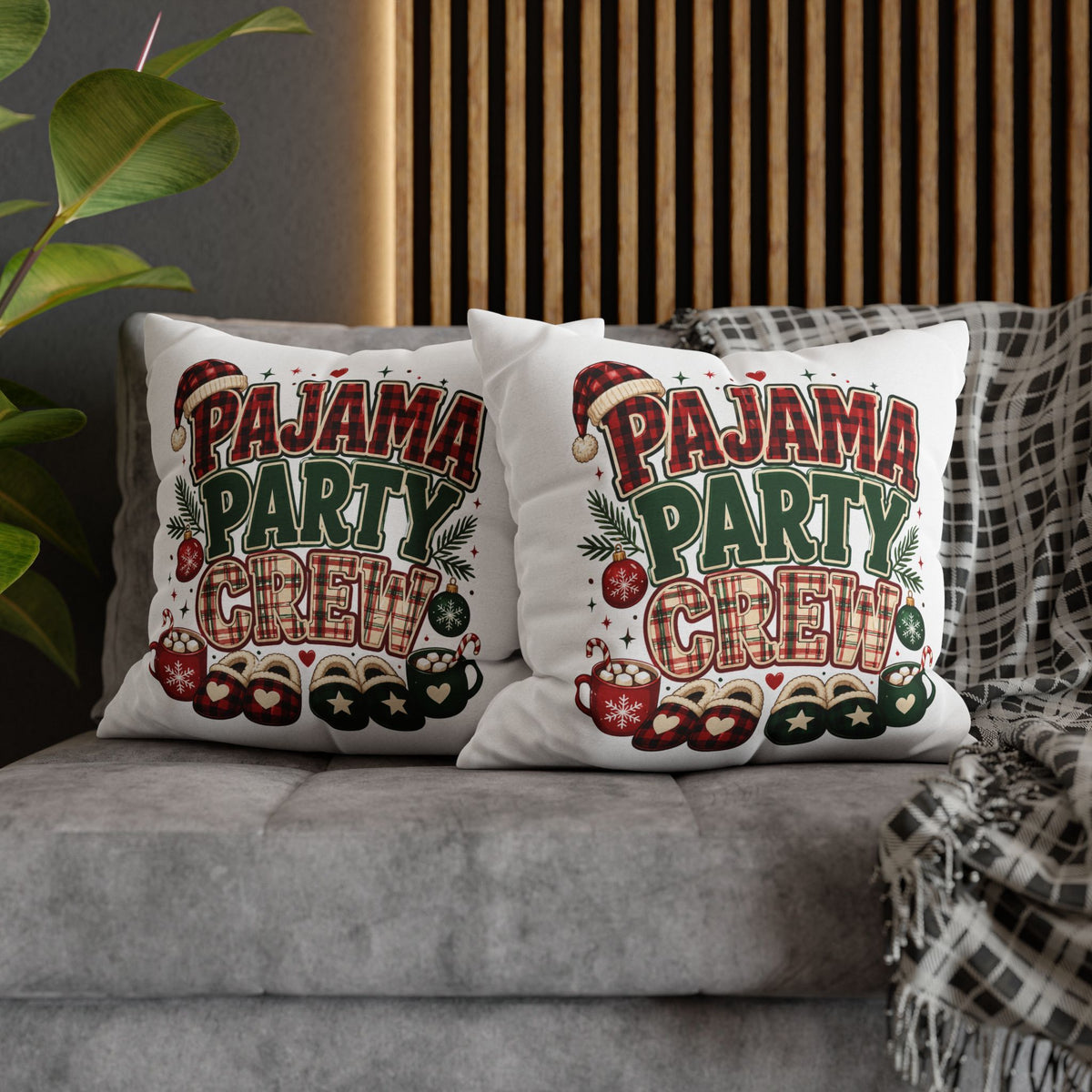 Christmas Pajama Party Crew Pillowcase — Christmas Holiday Decorative Throw Pillow Cover