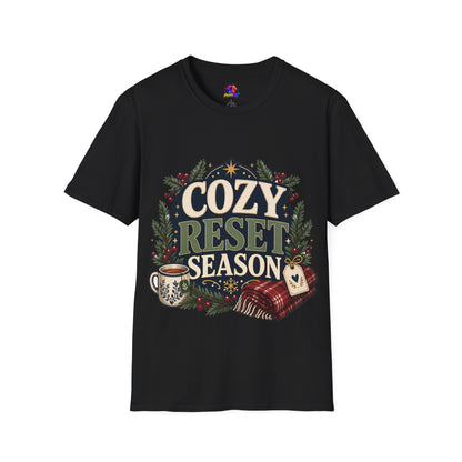 Cozy Reset Season T‑Shirt — Holiday Cozy Cabin Graphic Tee