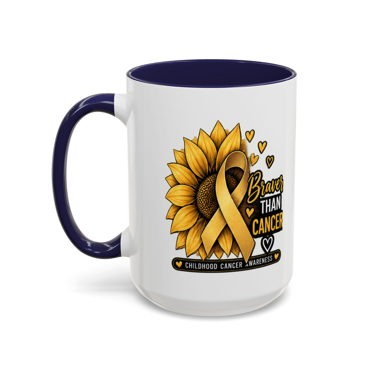 Childhood Cancer Awareness Mug — "Braver Than Cancer" Sunflower & Gold Ribbon