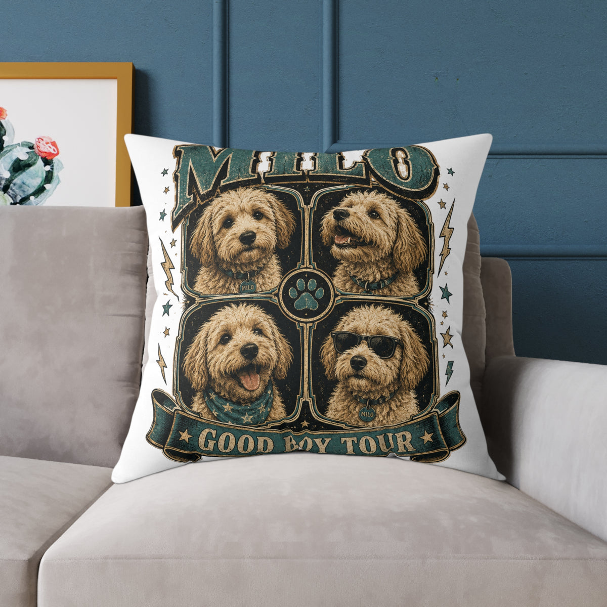 Milo 'Good Boy Tour' Square Canvas Pillow — Dog Portrait Decorative Throw Pillow