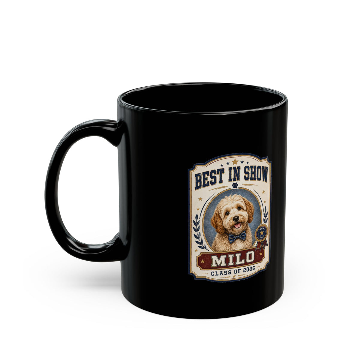Milo Bailey Dog Dad Mom Best in Show Personalized Dog Mug — "Milo" Pet Photo Black Coffee Cup