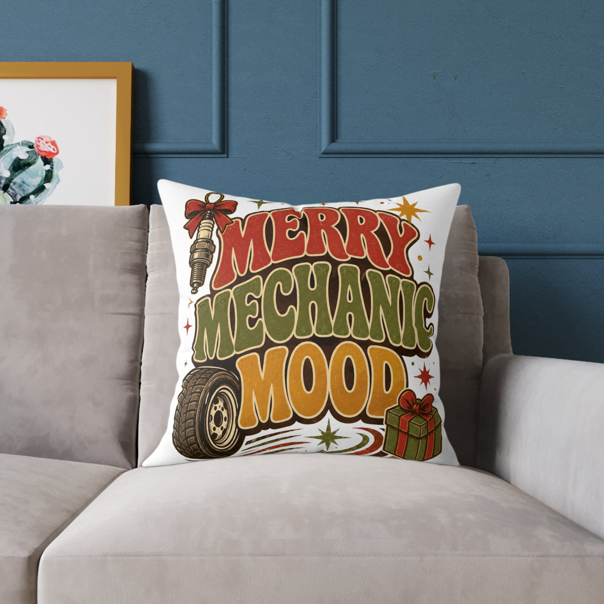 Modern Day Christmas Merry Mechanic Mood Pillow - Christmas Car Mechanic Holiday Throw Pillow
