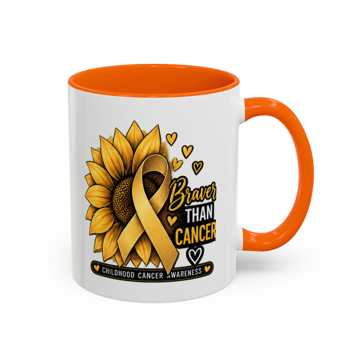 Childhood Cancer Awareness Mug — "Braver Than Cancer" Sunflower & Gold Ribbon