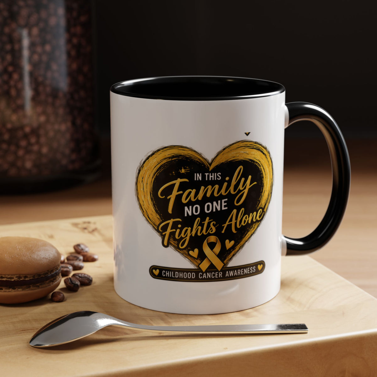 Childhood Cancer Awareness Accent Coffee Mug — "In This Family No One Fights Alone"