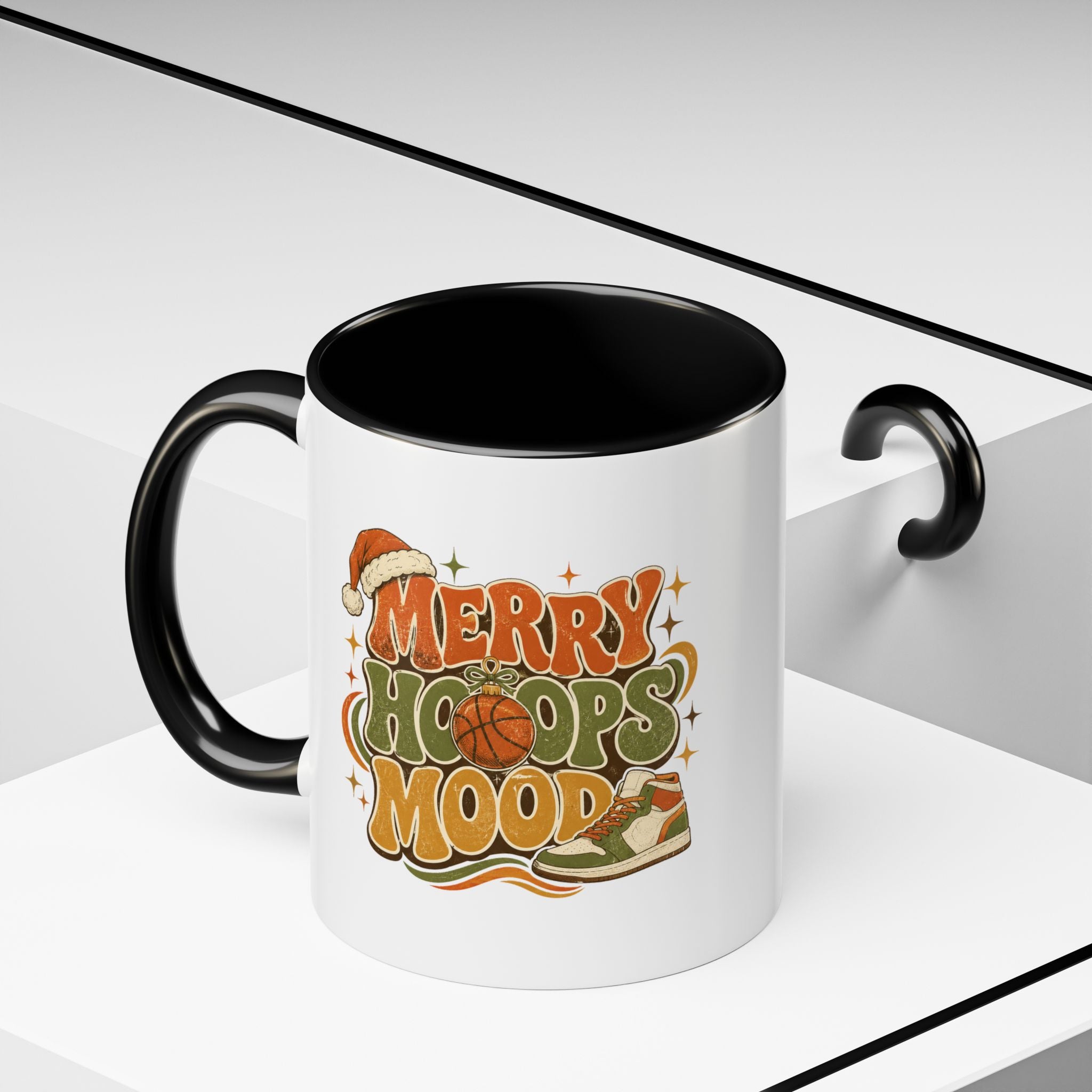 Modern Day Christmas Merry Hoops Mood Accent Coffee Mug — Retro Basketball Christmas Design