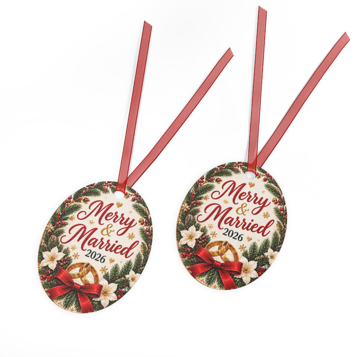 Merry & Married 2026 Metal Ornament — Christmas Wedding Keepsake