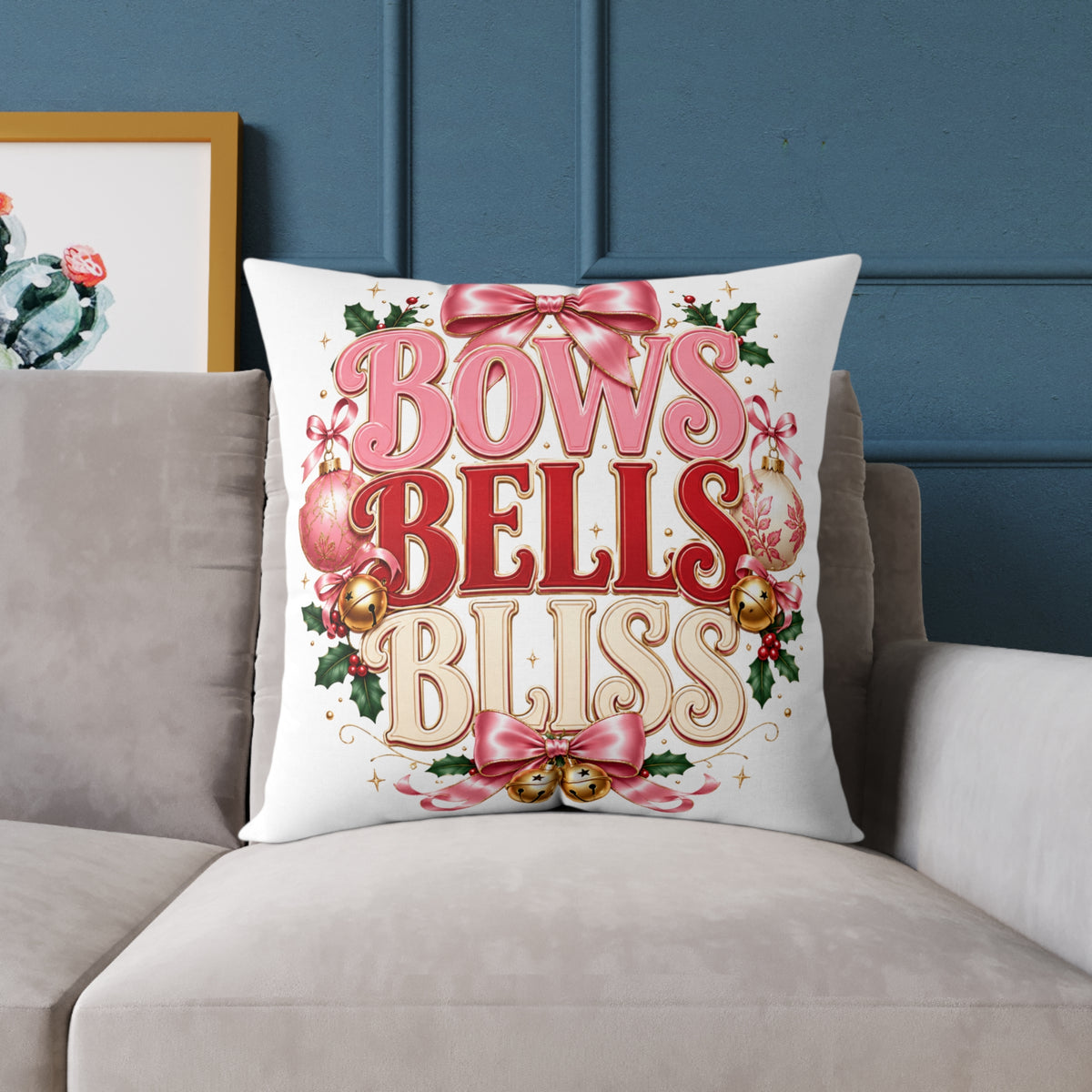 Bows Bells Bliss Christmas Square Poly Canvas Pillow