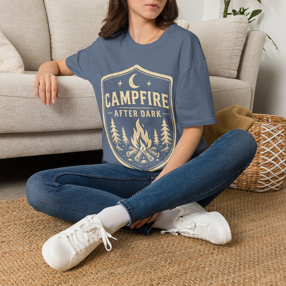 Campfire After Dark T-Shirt — Retro Camping Badge Tee for Outdoor Lovers