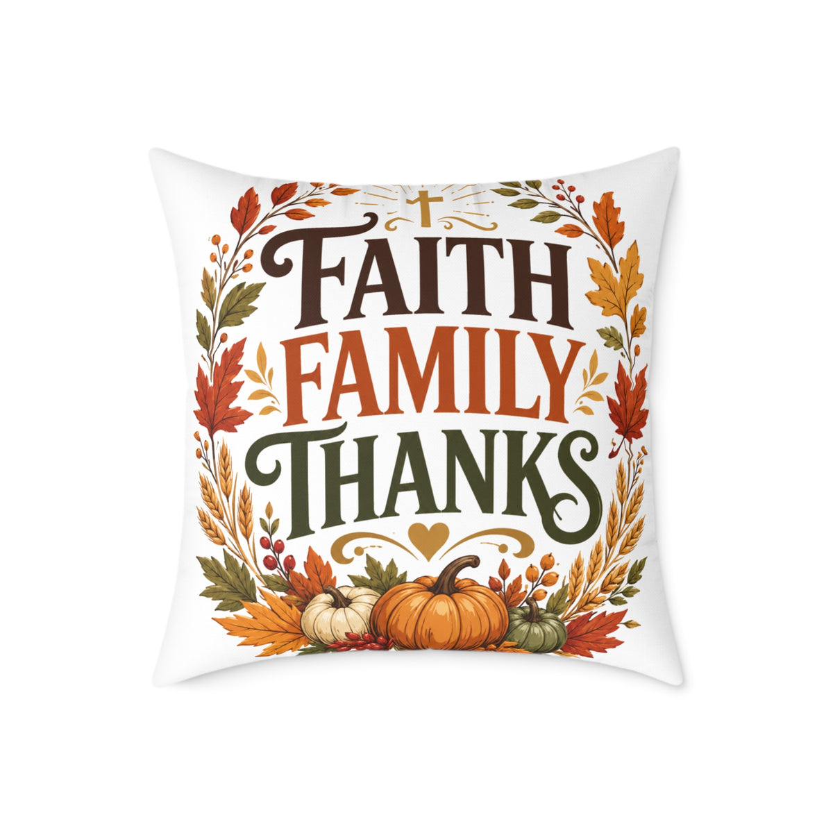 Thanksgiving Faith Family Thanks Fall Pillow — Thanksgiving Pumpkin Accent Cushion