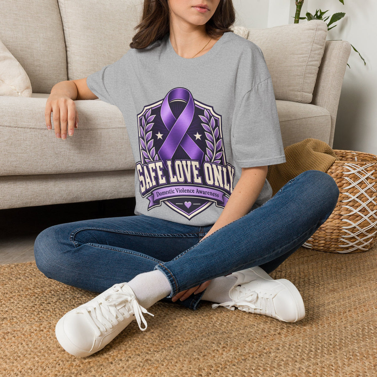 Domestic Violence Awareness T-Shirt — "Safe Love Only" Purple Ribbon Tee