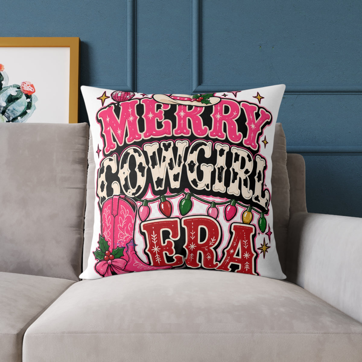 Merry Cowgirl Era Modern Day Christmas Square Poly Canvas Pillow