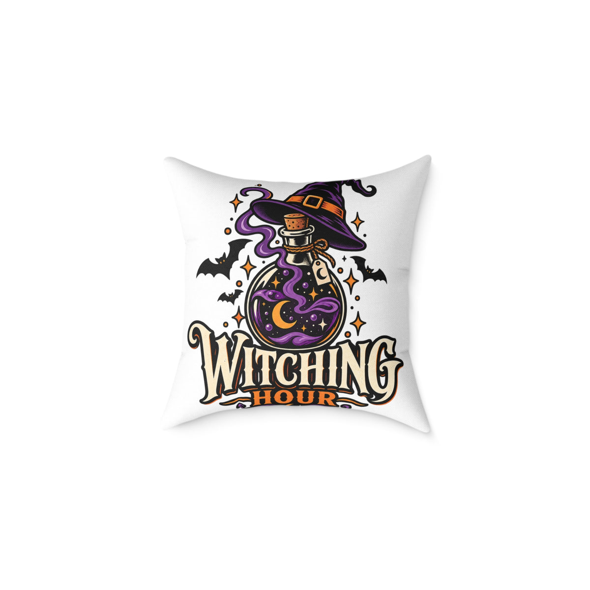 Witching Hour Halloween Decorative Pillow — Witch Hat & Potion Bottle Design