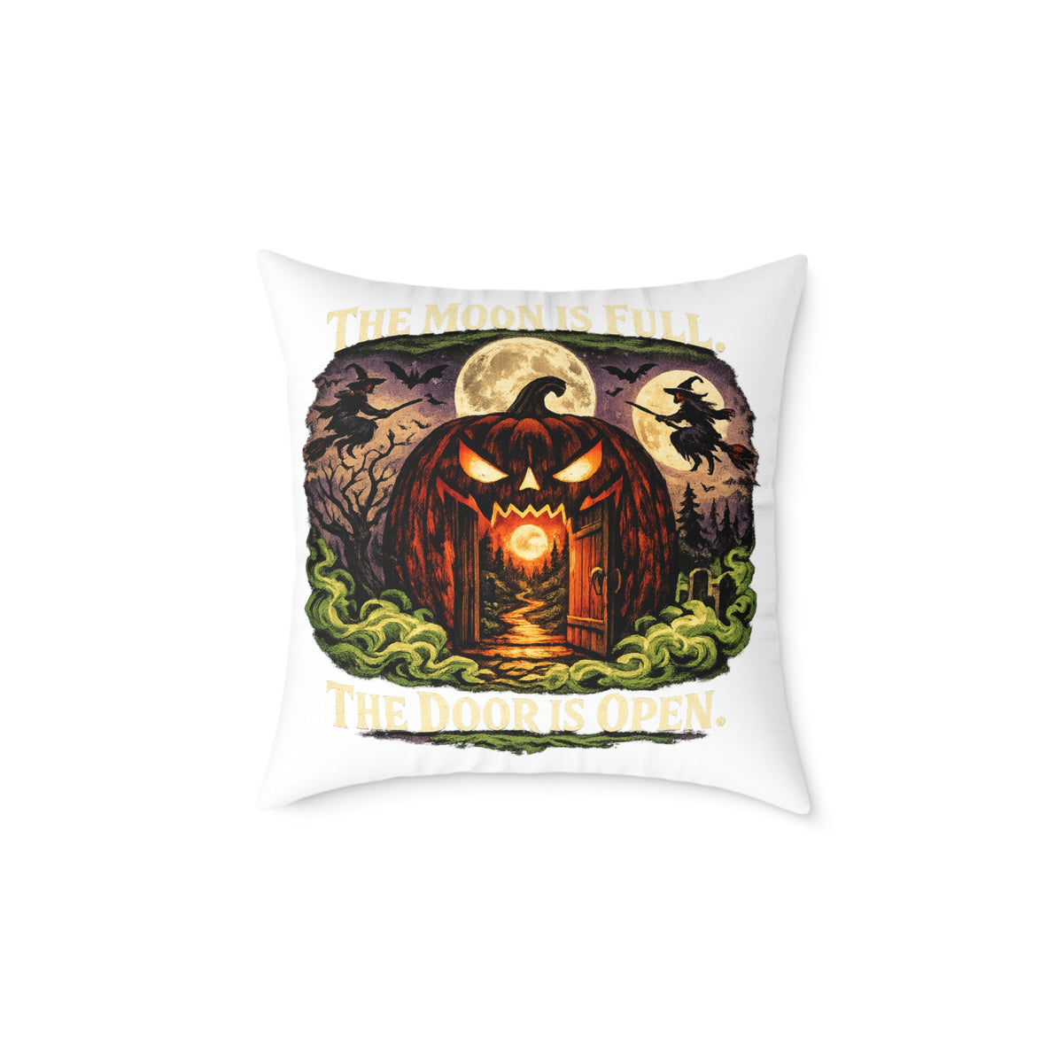Halloween Pumpkin Doorway Square Pillow — Spooky Haunted House Decorative Throw Pillow