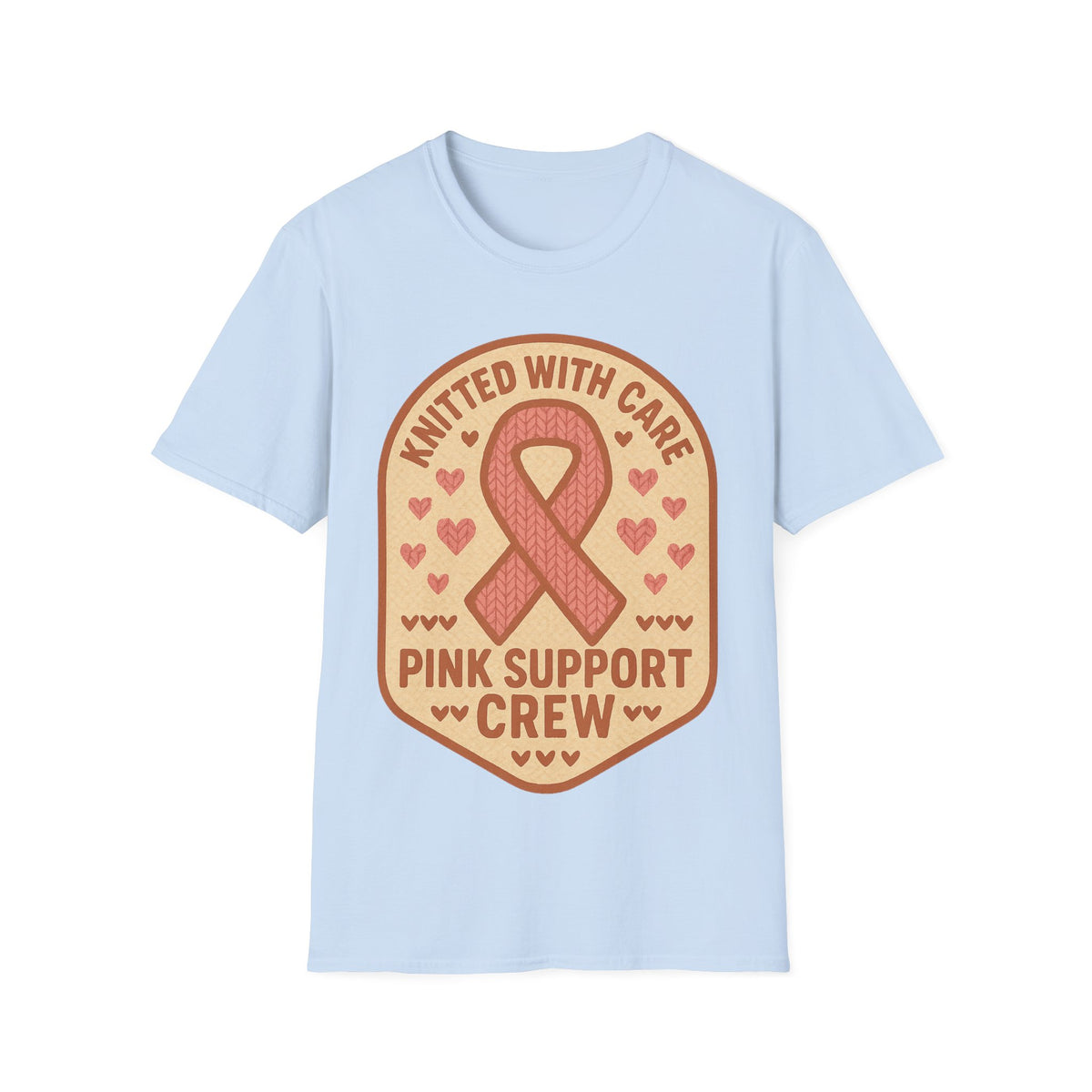 Pink Support Crew Knitted With Care Shield Badge T-Shirt, Breast Cancer Awareness Tee - Trending Now - September 2026