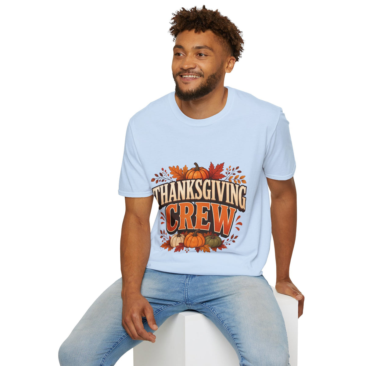 Thanksgiving T-Shirt Crew T-Shirt— Festive Pumpkin & Fall Leaves Holiday Tee