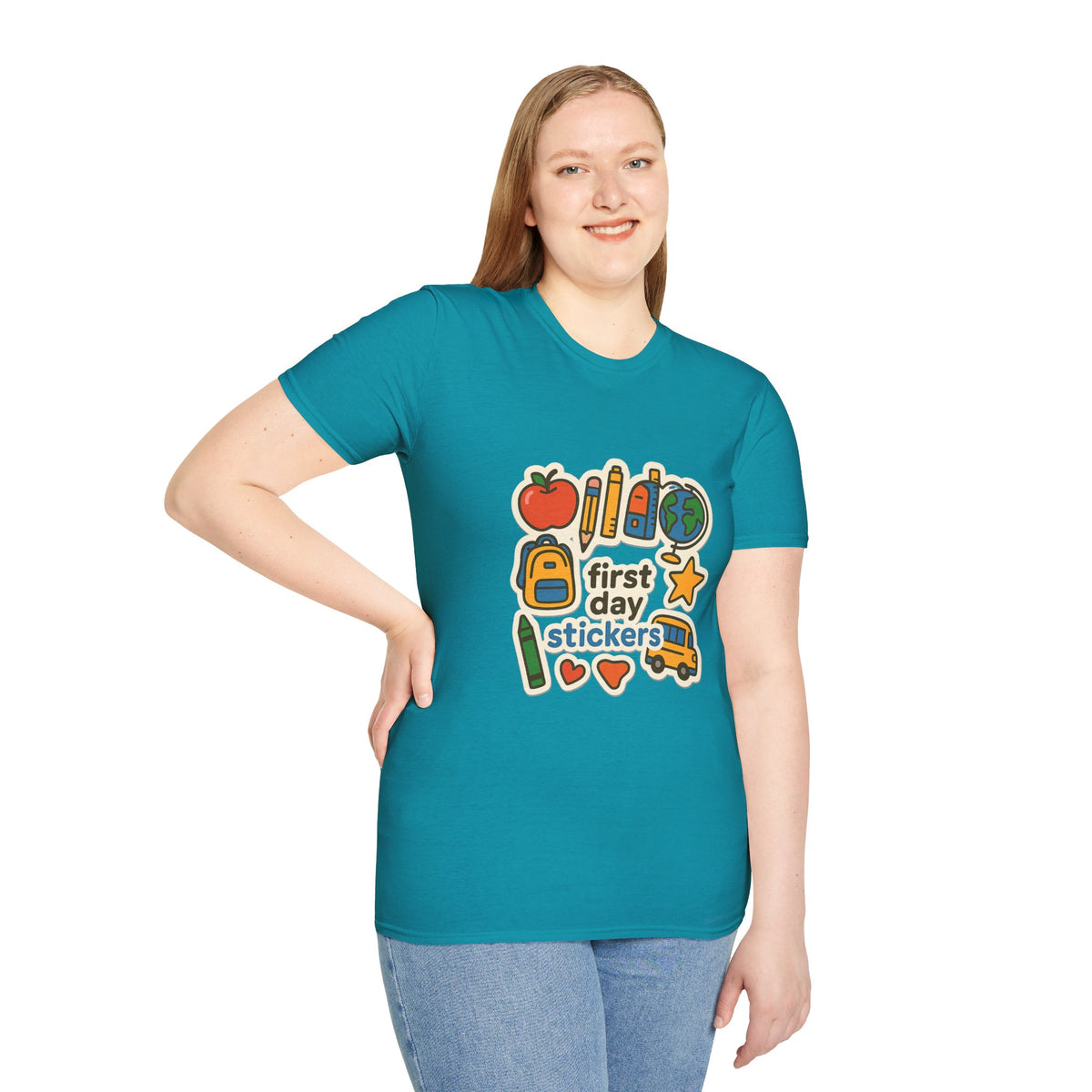Teacher Sticker Icons T-Shirt — Cute Apple, Pencil & Globe School Tee - Trending Now - August 2026