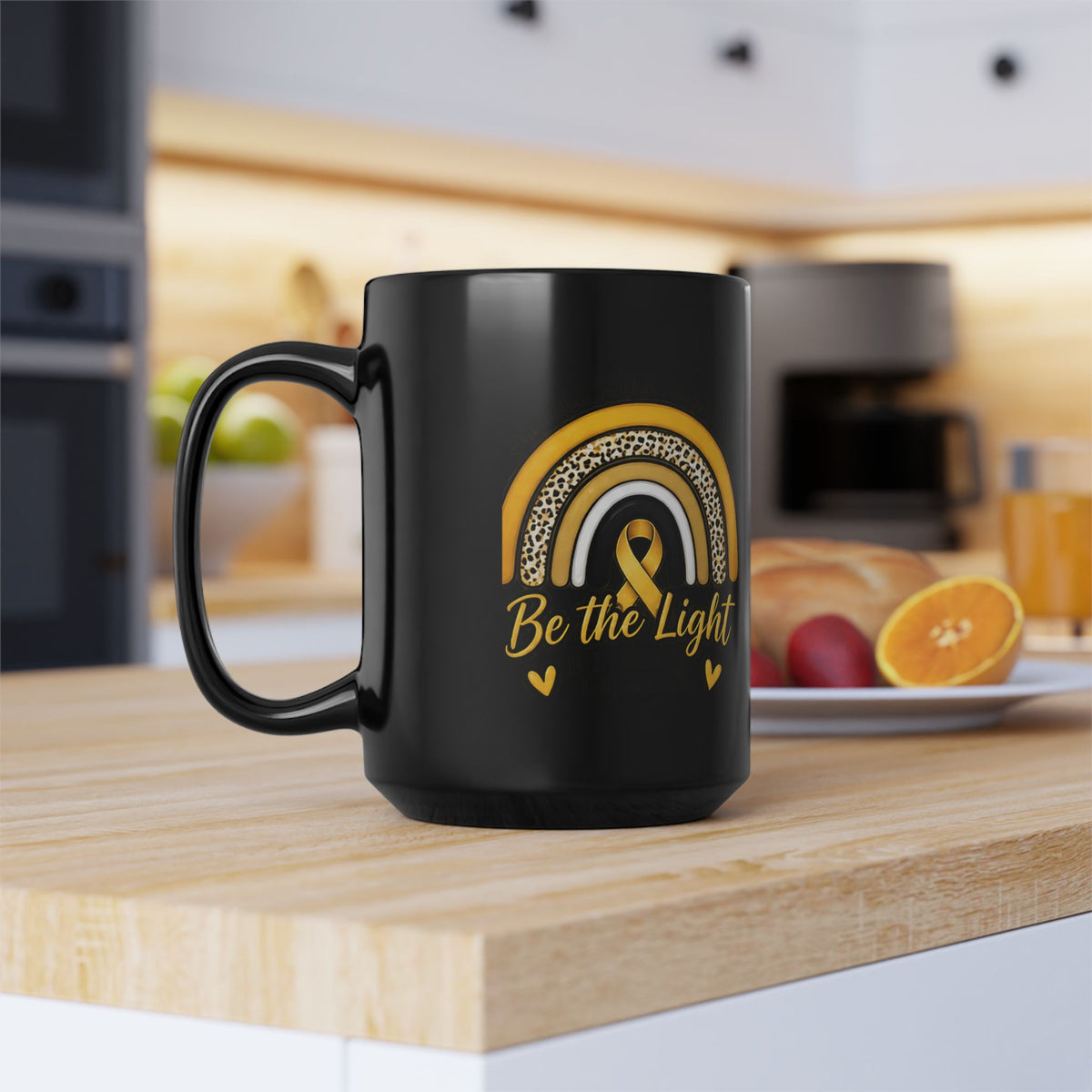 Be The Light Black Mug — Inspirational Rainbow Ribbon Childhood Cancer Awareness Coffee Cup (11oz & 15oz)