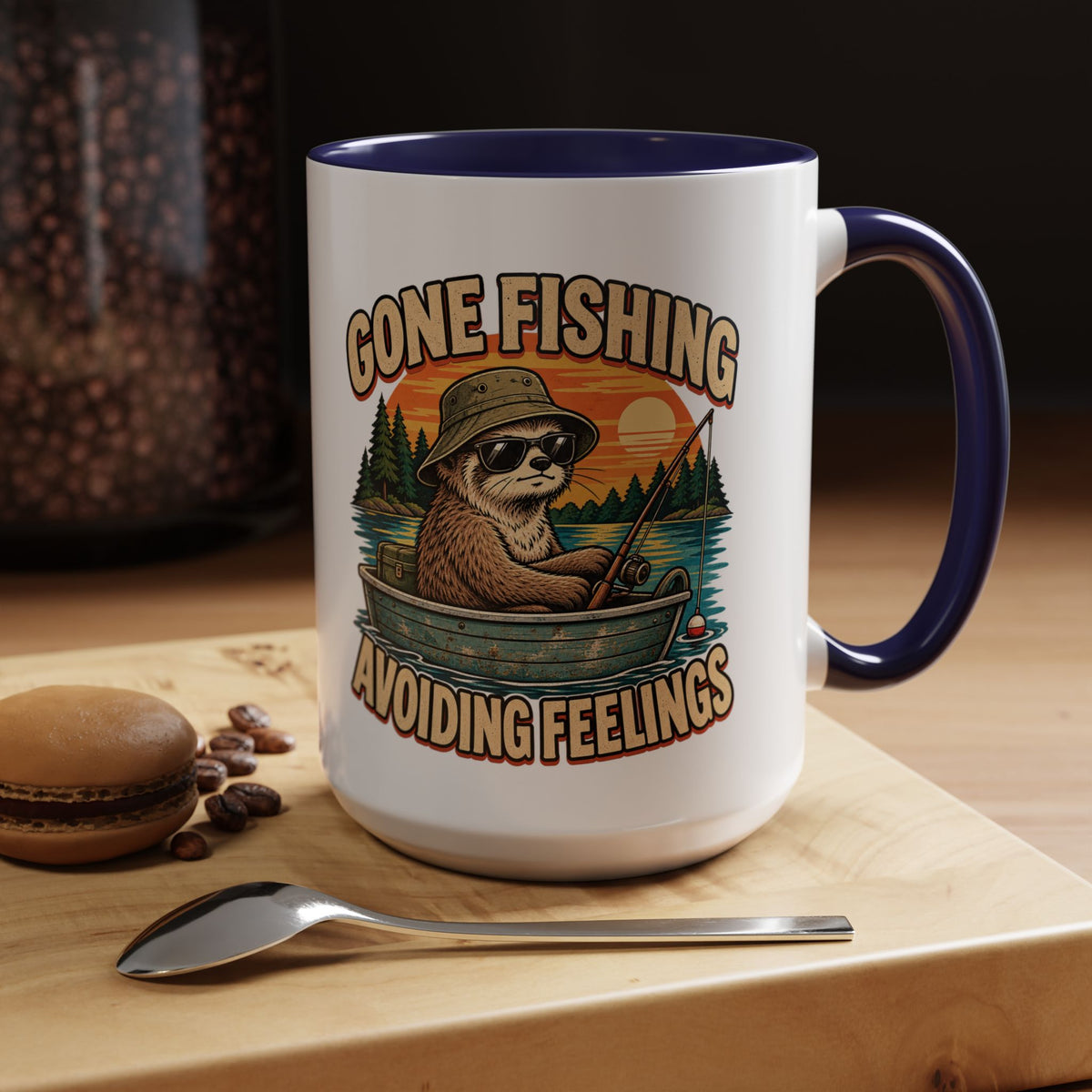 Funny And Witty "Gone Fishing Avoiding Feelings" Accent Coffee Mug (11, 15oz)