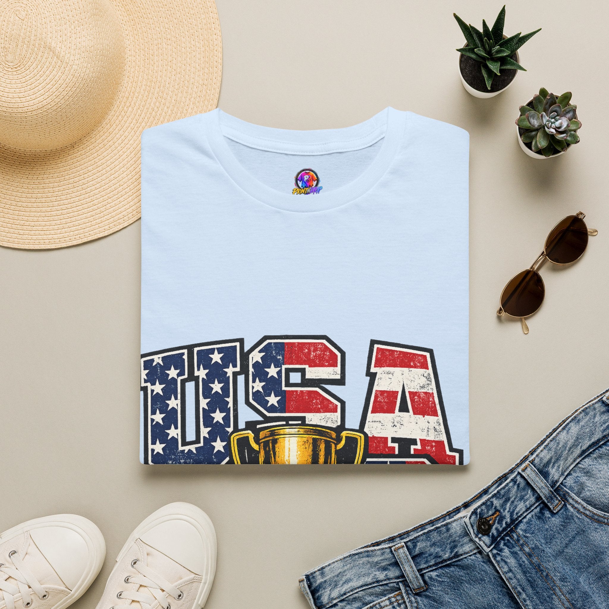 USA Trophy T-Shirt — Patriotic American Flag Graphic Tee