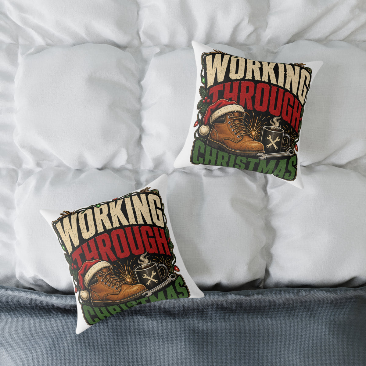 Working Through Christmas Modern Day Christmas Decorative Pillow — Holiday Boot & Coffee Throw Pillow