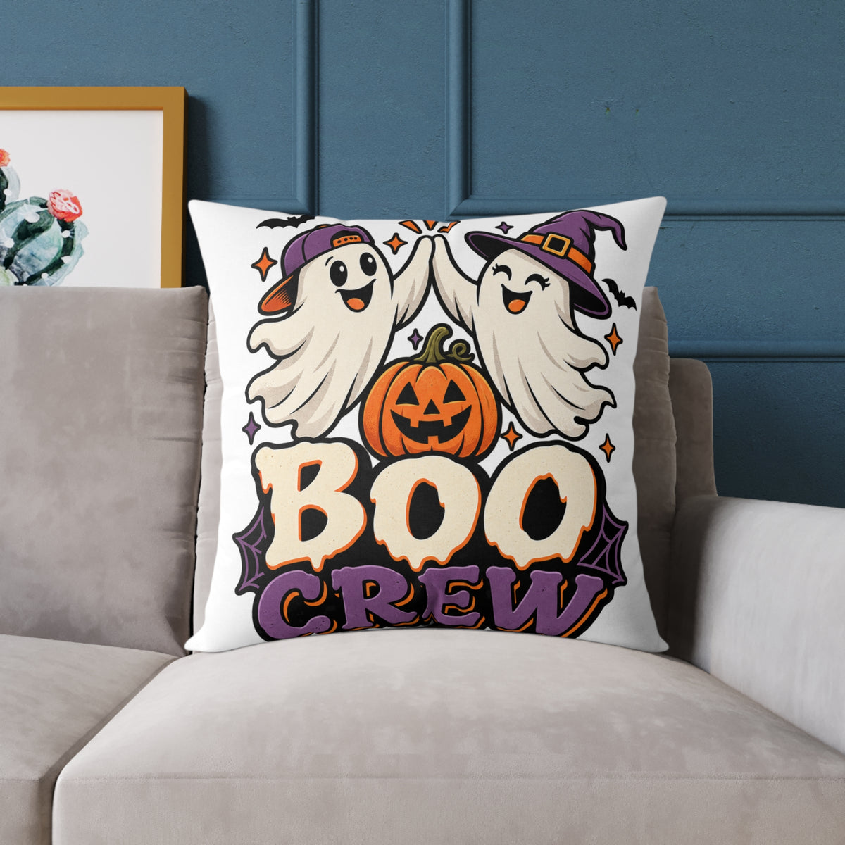 Halloween Boo Crew Pillow — Cute Ghosts & Pumpkin Square Throw Pillow