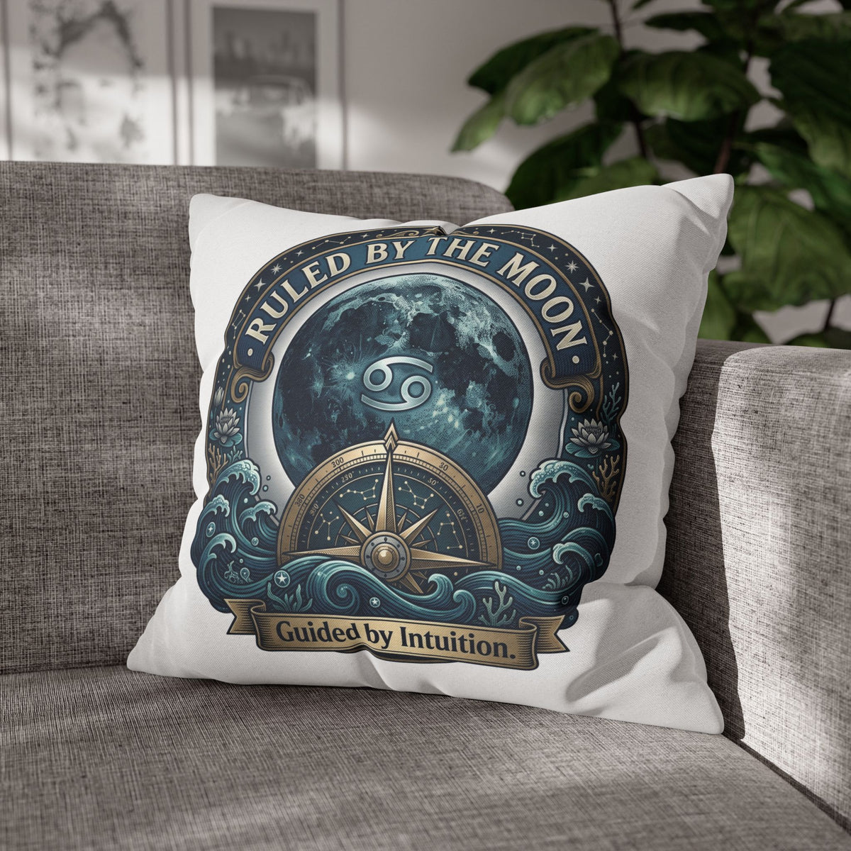Ruled by the Moon Cancer Zodiac Pillowcase — 'Guided by Intuition' Decorative Throw Pillow Cover