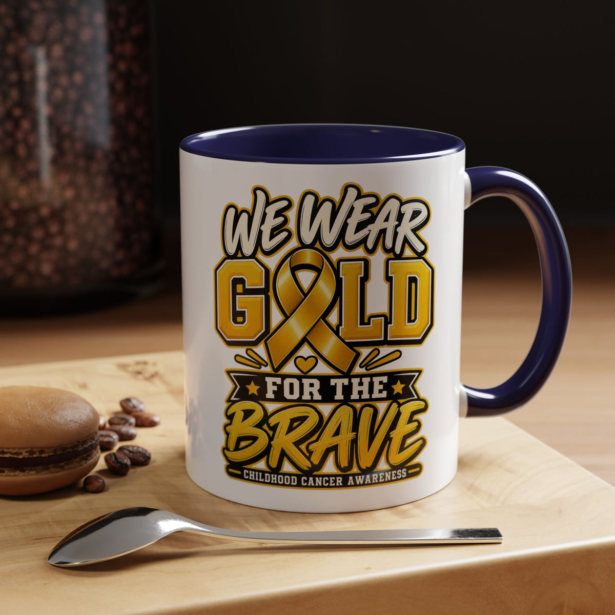 Childhood Cancer Awareness Accent Coffee Mug – "We Wear Gold for the Brave" (11/15 oz)