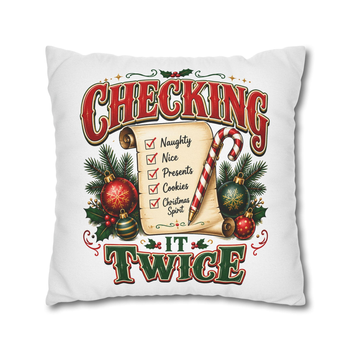 Checking It Twice Christmas Pillowcase — Festive Holiday Checklist Throw Pillow Cover