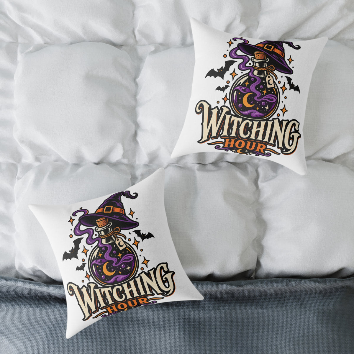 Witching Hour Halloween Decorative Pillow — Witch Hat & Potion Bottle Design