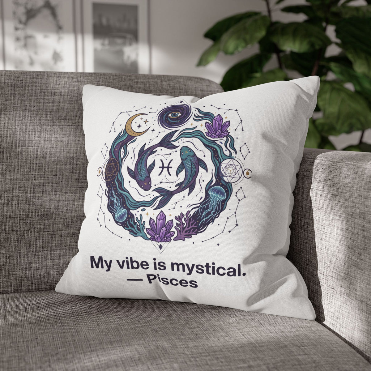 Pisces Zodiac Pillowcase — "My vibe is mystical" Decorative Throw Pillow Cover