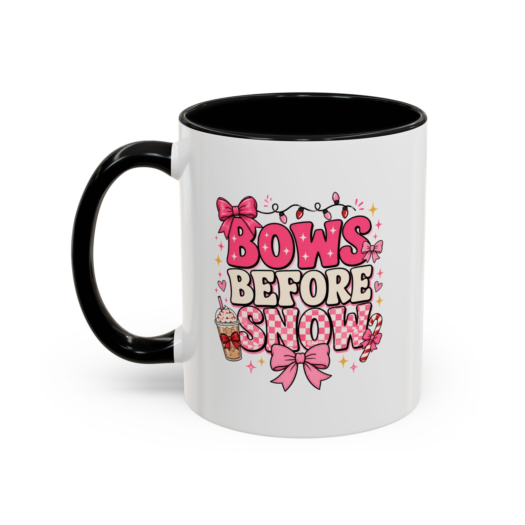 Modern Day Christmas Bows Before Snow Accent Coffee Mug — Cute Pink Holiday Hot Cocoa Design (11/15oz)