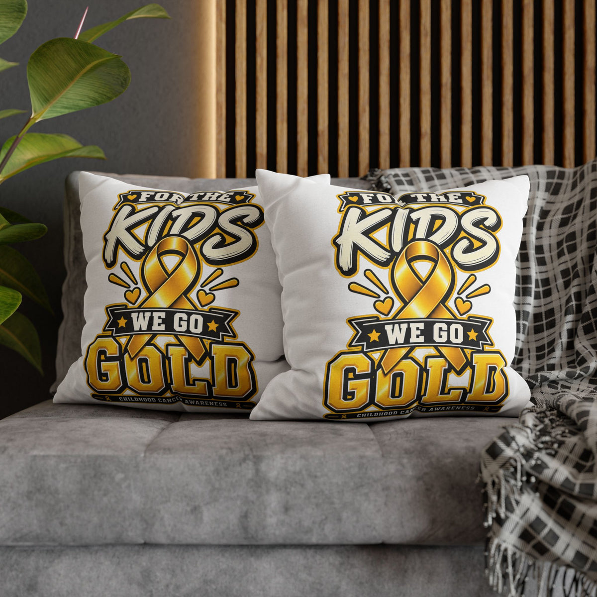 “For the Kids We Go Gold” Awareness Pillowcase — Childhood Cancer Ribbon Throw Pillow
