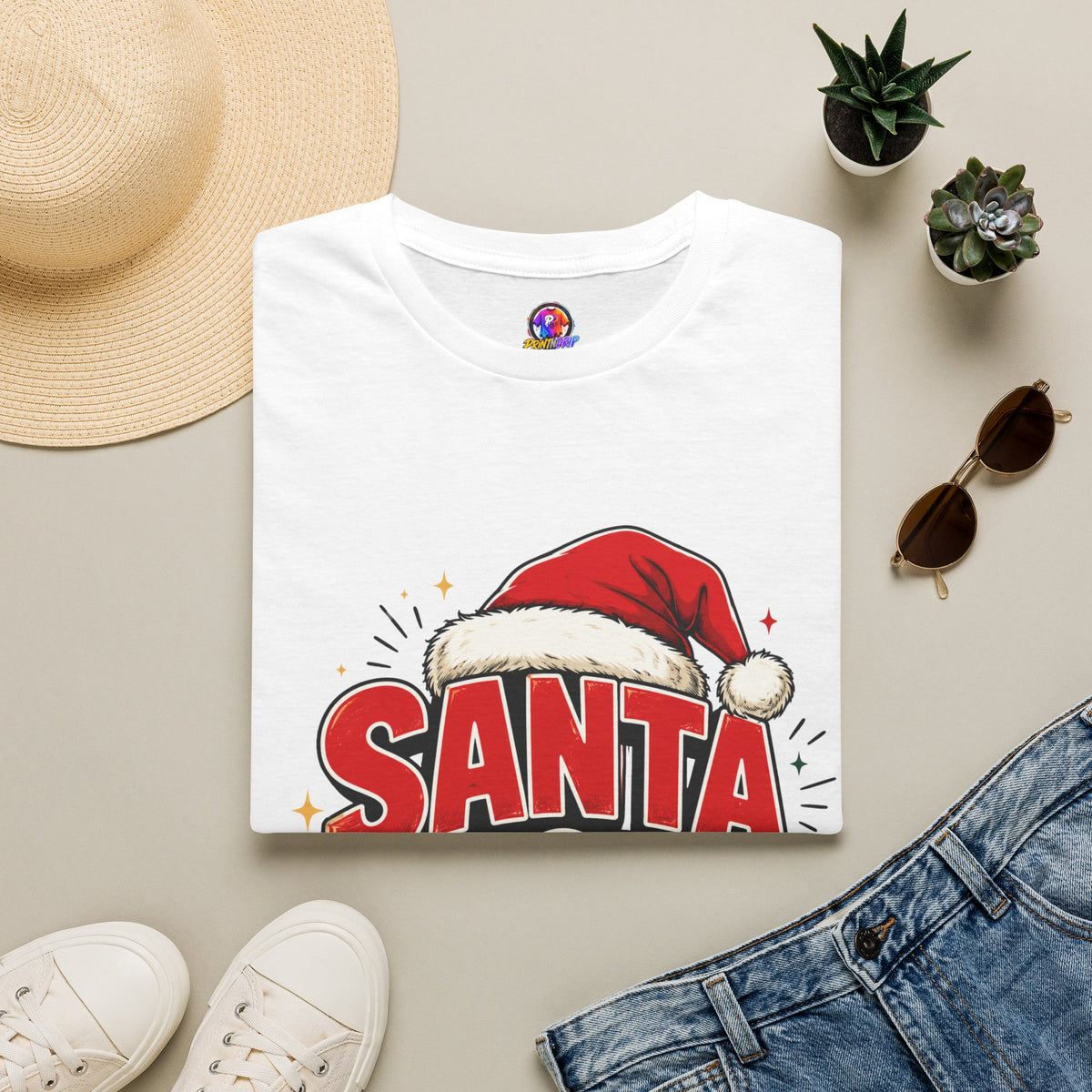 Santa Mode T-Shirt — Holiday Christmas Graphic Tee with Santa Hat